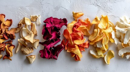 Poster - Vividly colored dried vegetable slices in various shapes create an appealing layout on textured paper, leaving ample space on the right for creative use