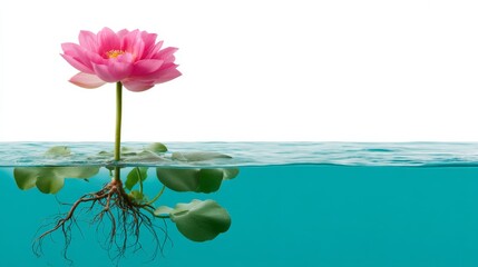 Aufkleber - A vibrant lotus bloom stands proudly above still water, with its leafy stems and delicate roots gently submerged, embodying peace and elegance in nature