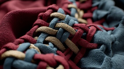 Poster - Front-facing view reveals a complex interlaced fabric design featuring deep reds, striking blues, and shimmering golds, enhancing textile richness and texture