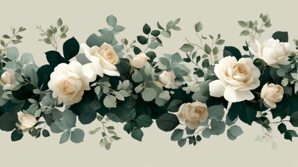 Leinwandbilder - A front-facing view features a gentle cluster of watercolor roses in subtle tones alongside greenery, arranged on a cream background suitable for various design needs