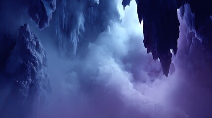 Poster - Exploration of a stunning frozen crystal cavern filled with violet and blue luminescence, featuring sharp icicles and radiant mineral formations reflecting soft light