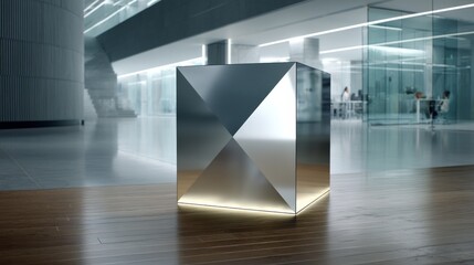 Poster - A symmetrical mirrored cube rests on a polished wooden floor, capturing the dim office lighting in a sleek workspace with ample copy space to the left