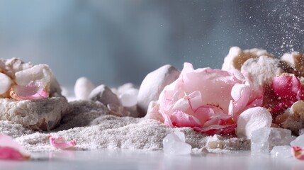 Aufkleber - Delicate flower petals open gracefully on a clean white surface, highlighting subtle textures and colors, inviting a sense of tranquility and natural beauty