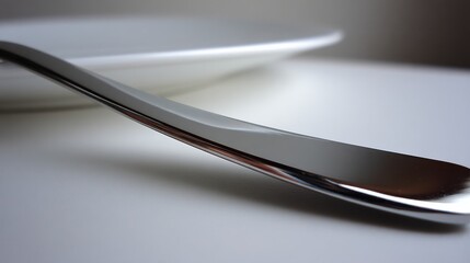 Poster - A shiny stainless steel fork rests elegantly on a smooth ivory surface, showcasing its curved handle while reflecting soft light, perfect for minimalist aesthetics