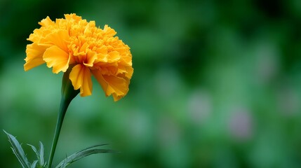 Poster - A bright orange marigold stands tall with intricate petals, surrounded by a softly blurred green backdrop, enhancing its natural beauty and textures