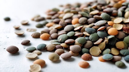 Aufkleber - Dried lentils are scattered across a white surface, highlighting their earthy colors and textures while bright light enhances their natural beauty and grain