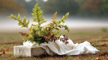Poster - Ferns draped with linen cloth offer protection from autumn frost, complemented by a misty garden backdrop and warm light enhancing seasonal care
