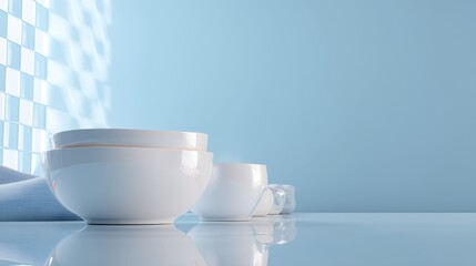 Leinwandbilder - Checkerboard patterns in pale blue and white showcase modern bowls and cup arranged on a glossy surface, enhancing the clean, minimalist atmosphere