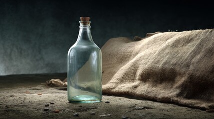 Poster - Frosted glass bottle rests on a rustic burlap surface with soft lighting enhancing the neutral tones, providing perfect copy space for custom labeling