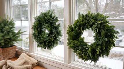 Aufkleber - A snug indoor corner features lush pine wreaths adorning frosty windows, with a charming winter landscape of snow-covered branches outside