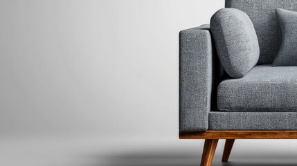 Poster - This design showcases a sleek charcoal gray sofa with walnut legs on a minimalist white background, leaving room for text or extra elements