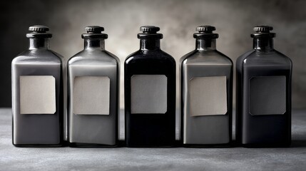 Leinwandbilder - Row of eco-friendly glass bottles featuring blank labels is set against a textured slate gray surface, creating a versatile backdrop for branding or design