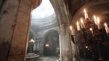 Poster - Intricately designed wrought-iron candelabra illuminates a historic space, highlighting the detailed carvings of the arched stone ceiling above