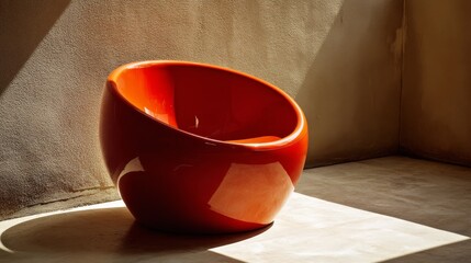 Poster - A coral scoop chair with clean lines and glossy finish sits against a taupe wall, showcasing modern design. The composition allows for ample copy space on the left