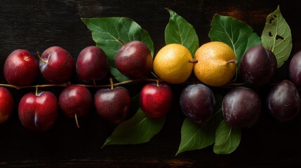 Aufkleber - Wooden table showcases a natural arrangement of ripe pears and plums, surrounded by green leaves, offering a rustic feel with available copy space