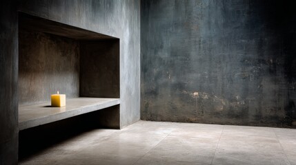 Poster - A warm yellow candle glows softly in a peaceful stone alcove, creating an atmosphere of tranquility against a textured, minimalist background