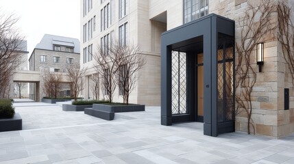 Aufkleber - A beautifully crafted dark steel gate with vine designs stands against a stone foundation, illuminated by gentle morning light that highlights its elegance