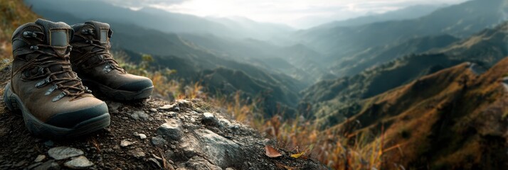 Aufkleber - Hiking Boots Rest on Mountain Ridge Overlooking Deep Valley During a Scenic Outdoor Adventure in the Wilderness Generative AI