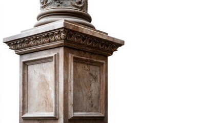 Leinwandbilder - Ornate stone column base features delicate engravings, prominently displayed against a clean white background for versatile design applications