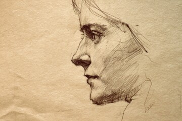 Leinwandbilder - Pencil Sketch Captures the Delicate Profile of a Woman on Textured Paper From an Artists Creative Perspective Generative AI