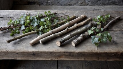 Fototapete - Natural twigs with fresh green leaves are artistically scattered across a weathered wooden table, illuminated by ambient light. Copy space is available on the right