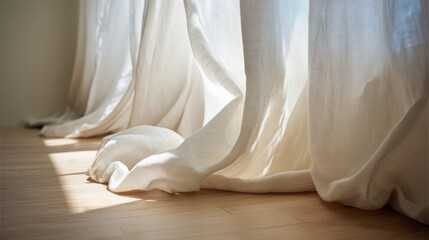 Poster - Softly draping cream-colored linen curtains catch diffused natural light, creating a serene atmosphere in a serene indoor environment with ample copy space