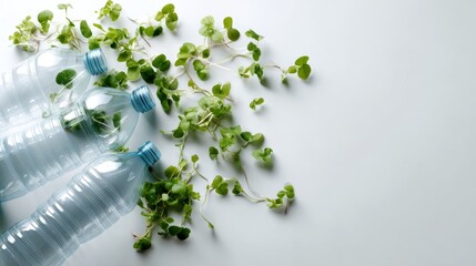 Leinwandbilder - Three semi-transparent plastic bottles with empty labels are artistically arranged on a white surface, accompanied by small green plants for a fresh aesthetic