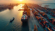 © visoot - Aerial view seaport shipping container cargo ship industrial port sunset transportation logistics water dock. Busy seaport sunset with cargo ships containers and cranes highlighting global trade