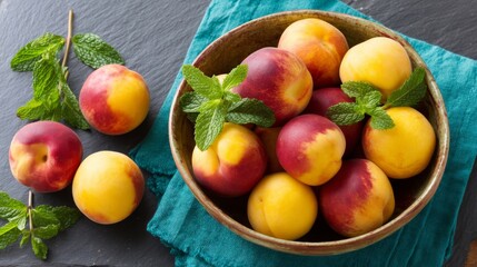 Aufkleber - Rustic ceramic bowl is filled with ripe peaches and fresh mint sprigs, beautifully contrasting against a dark slate background in natural light