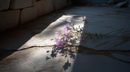 Aufkleber - Light purple wildflowers rest on a wet stone surface, adorned with glistening dew droplets and softened natural shadows, creating a serene atmosphere