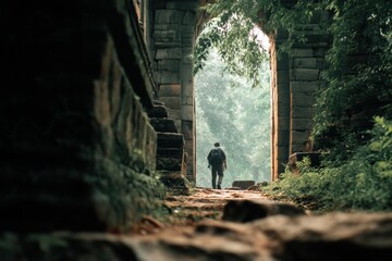 Poster - Man With Backpack Explores Ancient Temple Gate Surrounded by Lush Greenery in Cinematic Light Generative AI