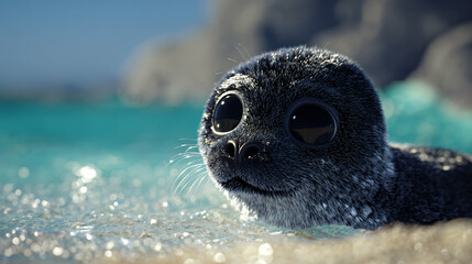 Wall Mural - Cute sketch seal with expressive eyes and smooth skin, in a playful seaside tantrum