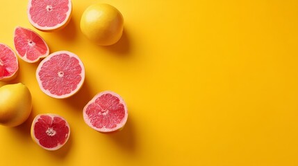 Poster - Whole and halved grapefruits showcase their vibrant pink pulp and juicy texture on a solid yellow backdrop, creating a fresh, colorful layout