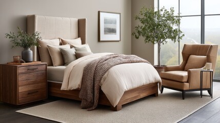 Poster - Serene bedroom filled with warmth featuring a plush bed with creamy linens, a knitted throw, and warm wooden furniture against a tranquil backdrop