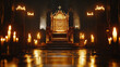 © Yana Zolotova - photorealistic view of the golden papal throne, empty and dramatically lit, surrounded by candlelight in a dark chapel, mood of anticipation