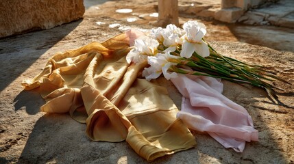 Poster - Pale indigo irises flourish softly in warm golden light on a textured stone surface, accompanied by draped fabrics in shades of gold and pink, creating a serene setting