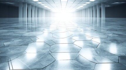 Poster - Wide shot captures a polished stone surface showcasing a seamless pattern of interlocking hexagons. Muted tones and subtle shadows enhance geometric design