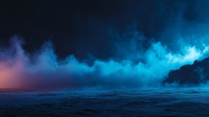 Fototapete - A low-angle view captures swirling mist formations illuminated by dramatic backlighting, set against a deep indigo sky. The ethereal scene evokes fantasy themes