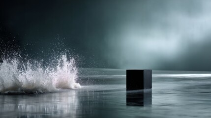Aufkleber - Smooth black cube partially submerged in clear water creates a dynamic splash effect against a dark background, emphasizing texture and visual contrast