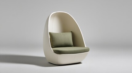 Poster - Sleek pod chair features a smooth ivory surface and a cozy sage green cushion, presented against a bright white backdrop ideal for contemporary interiors