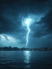 Wall Mural - Electric storm over the lake with lightning strike and rain in the dark night sky above the city
