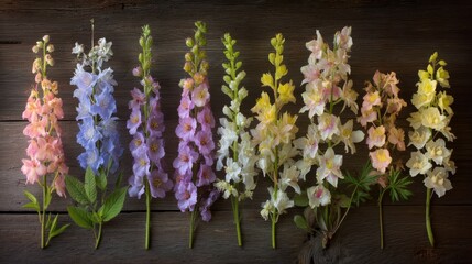 Poster - A row of delicate pastel wildflowers is arranged along a rustic wooden plank. The warm light enhances the natural beauty, creating an inviting atmosphere