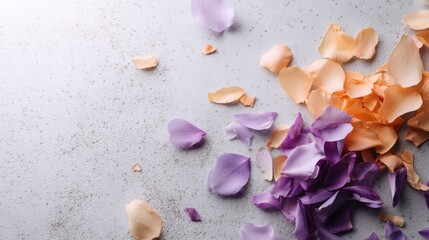 Aufkleber - Soft lavender and peach petals cascade elegantly over a textured canvas, enriched by diffused lighting that highlights their delicate design, with space for text