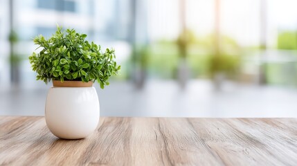 Aufkleber - Bright and airy home office displays a sleek wooden desk and a small robotic plant holder, filled with soft sunlight from a large window, promoting productivity