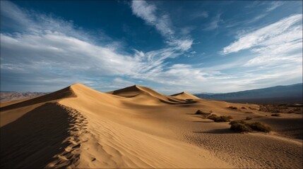 Aufkleber - Golden sunlight creates dramatic shadows and highlights on the flowing sand dunes, showcasing their curves and textures against a vibrant sky during late afternoon