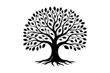 Black silhouette of a tree with detailed roots and foliage