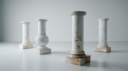 Leinwandbilder - Tall marble pillars showcase intricate carvings against a crisp white background, offering depth and elegance with ample copy space for creative use