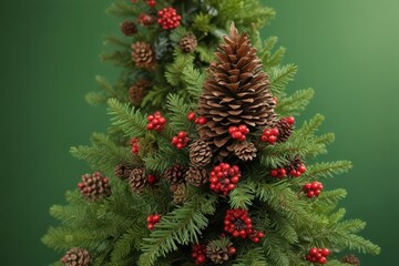 a festive christmas tree adorned with a pine cone and berries atop a green backdrop , natural decor,