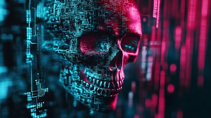 Abstract digital glitch effect with skull. Hacked laptop computer screen. Error signal. Virus code and software hack concept. Cyber security