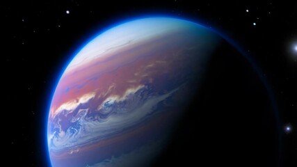 Wall Mural - A vibrant exoplanet, reddish-brown and blue hues, swirling clouds, dark side shadowed, stars in background